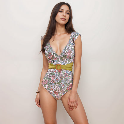 Anna-Kaci Swim Women's One Piece Swimsuit with Floral Print Ruffle Straps Belted Waist and Deep V Neckline