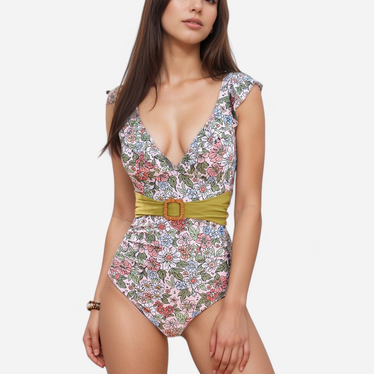 Anna-Kaci Swim Women's One Piece Swimsuit with Floral Print Ruffle Straps Belted Waist and Deep V Neckline