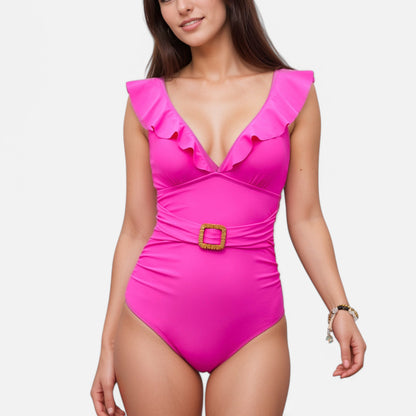 Anna-Kaci Swim Women's Ruffle Shoulder One Piece Swimsuit with Plunging Neckline and Waist Belt Detail