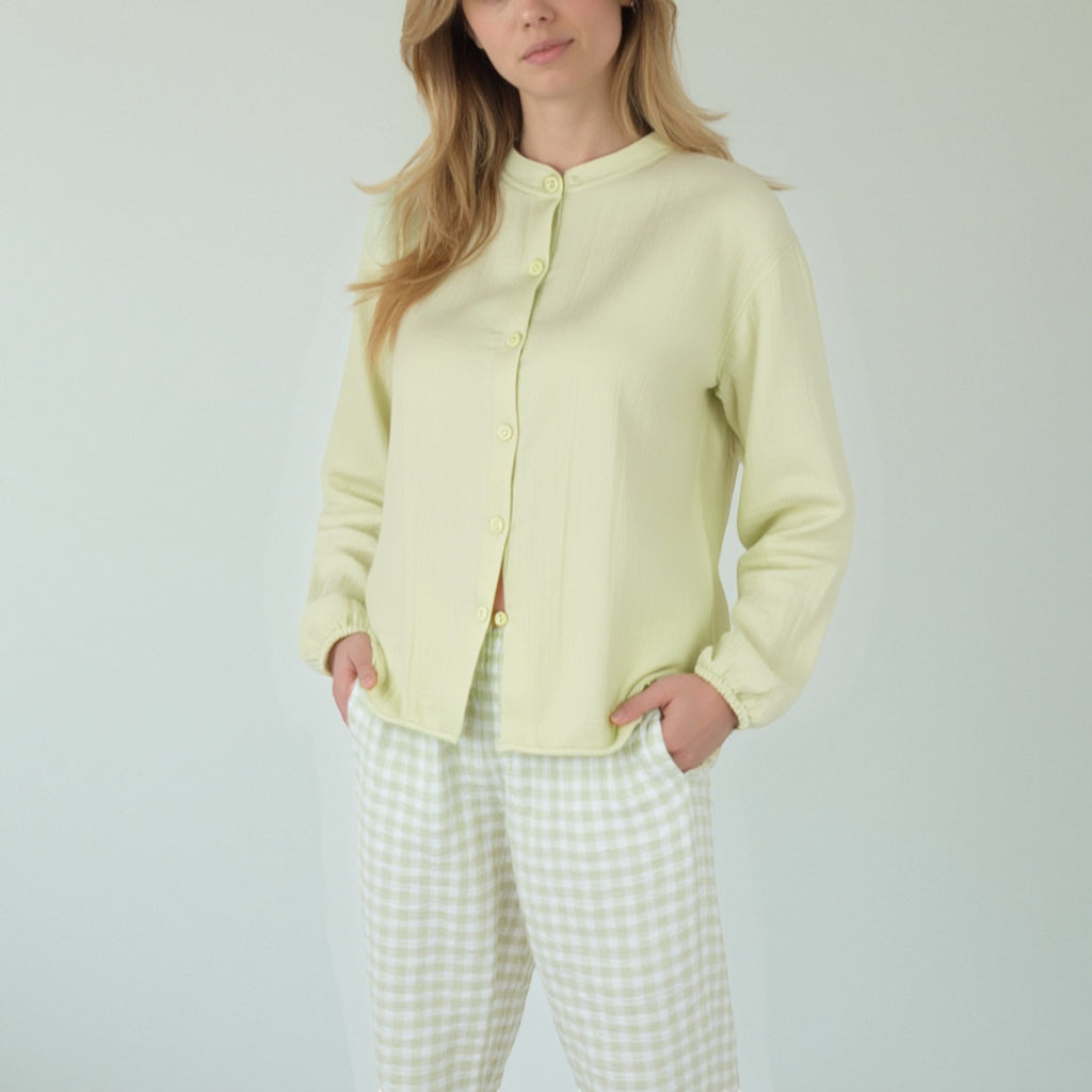 Anna-Kaci Women's Woven Pajama Set with Long Sleeve Button-Up Top Elastic Cuff Sleeves and Relaxed Gingham Print Lounge Pants