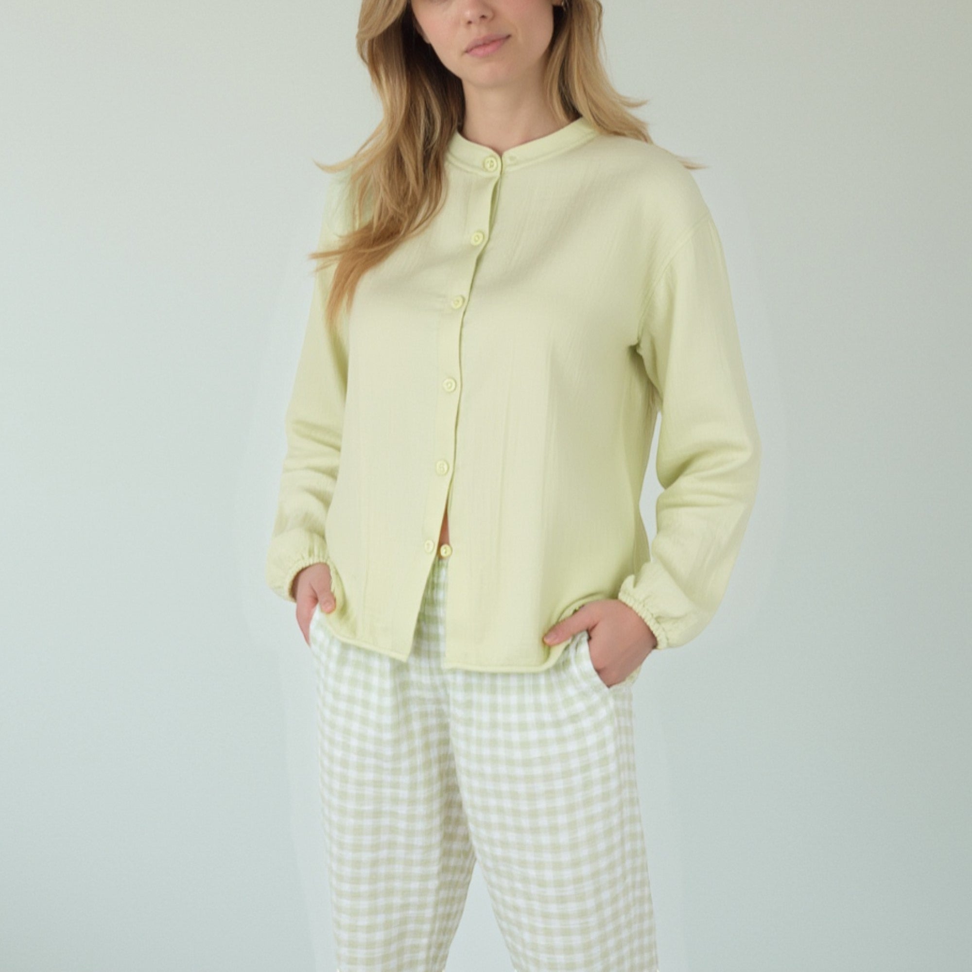 Anna-Kaci Women's Woven Pajama Set with Long Sleeve Button-Up Top Elastic Cuff Sleeves and Relaxed Gingham Print Lounge Pants