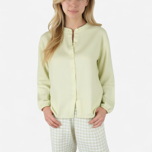 Anna-Kaci Women's Woven Pajama Set with Long Sleeve Button-Up Top Elastic Cuff Sleeves and Relaxed Gingham Print Lounge Pants
