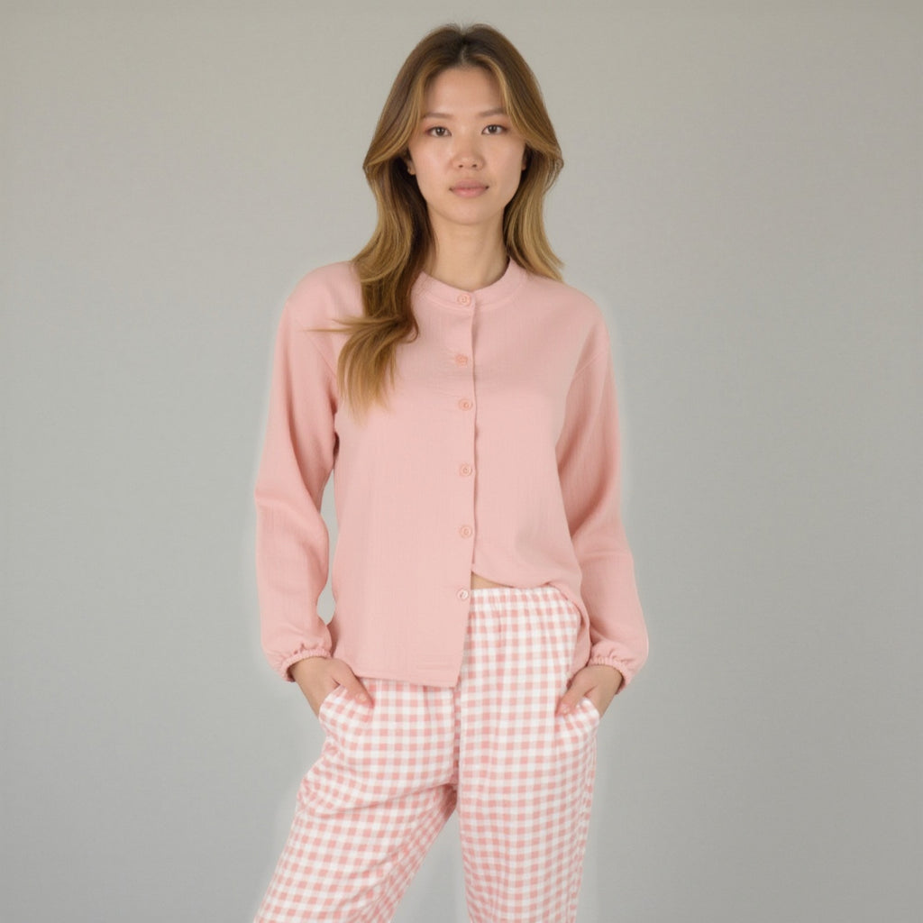 Anna-Kaci Women's Woven Pajama Set with Long Sleeve Button-Up Top Elastic Cuff Sleeves and Relaxed Gingham Print Lounge Pants