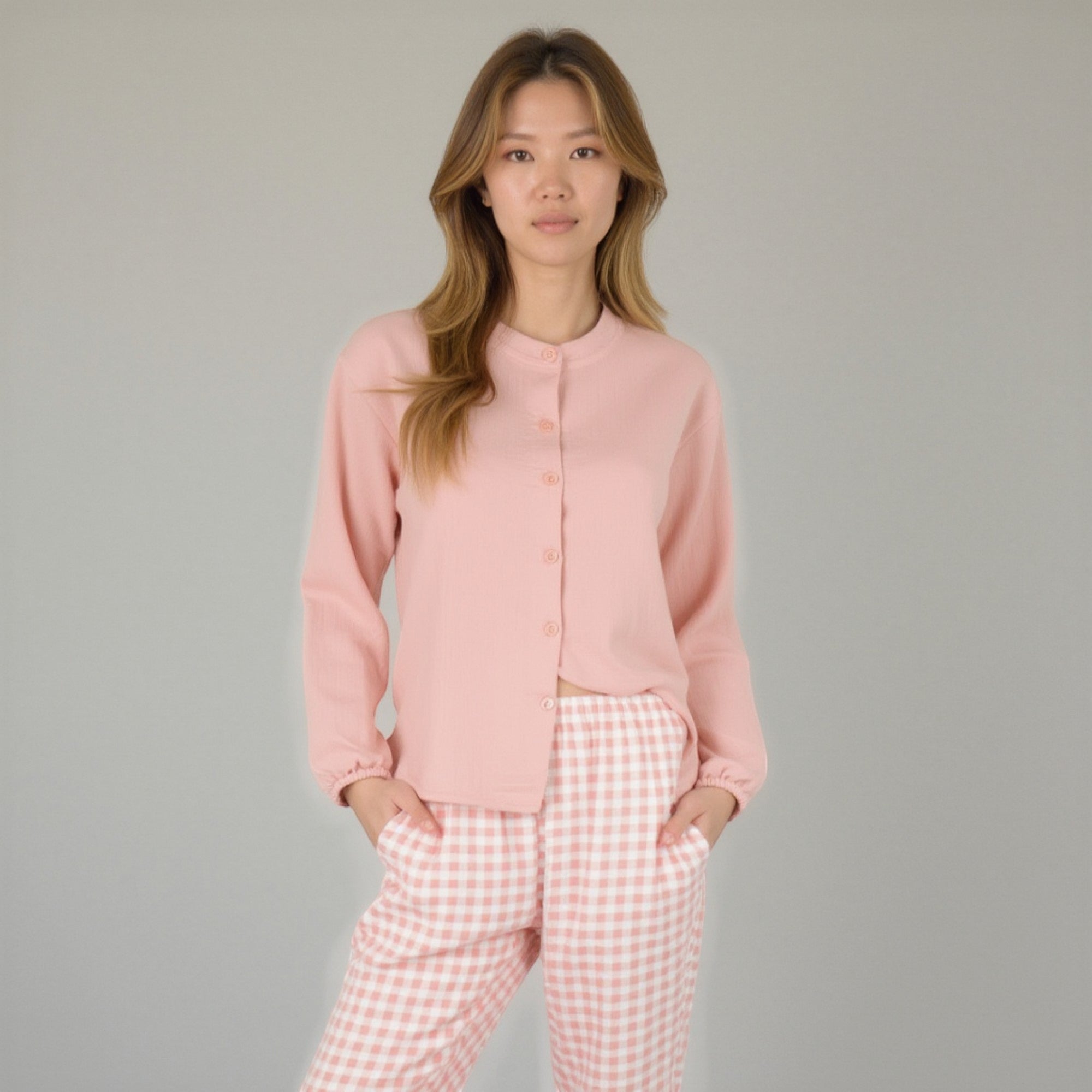 Anna-Kaci Women's Woven Pajama Set with Long Sleeve Button-Up Top Elastic Cuff Sleeves and Relaxed Gingham Print Lounge Pants