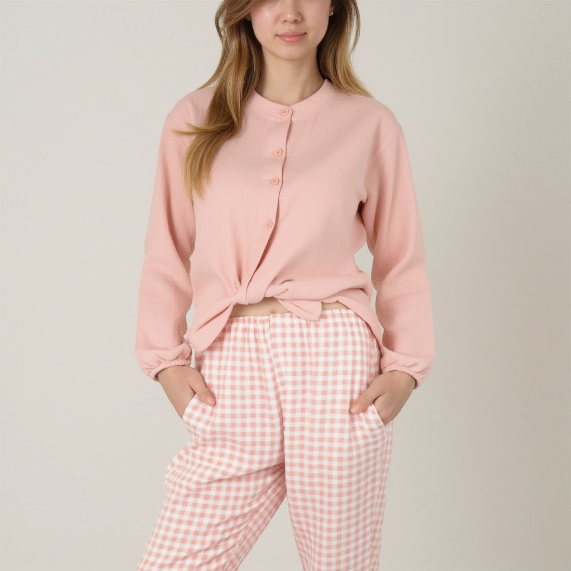 Anna-Kaci Women's Woven Pajama Set with Long Sleeve Button-Up Top Elastic Cuff Sleeves and Relaxed Gingham Print Lounge Pants