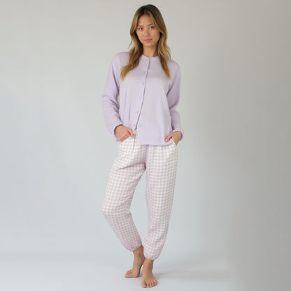 Anna-Kaci Women's Woven Pajama Set with Long Sleeve Button-Up Top Elastic Cuff Sleeves and Relaxed Gingham Print Lounge Pants