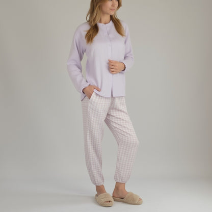 Anna-Kaci Women's Woven Pajama Set with Long Sleeve Button-Up Top Elastic Cuff Sleeves and Relaxed Gingham Print Lounge Pants