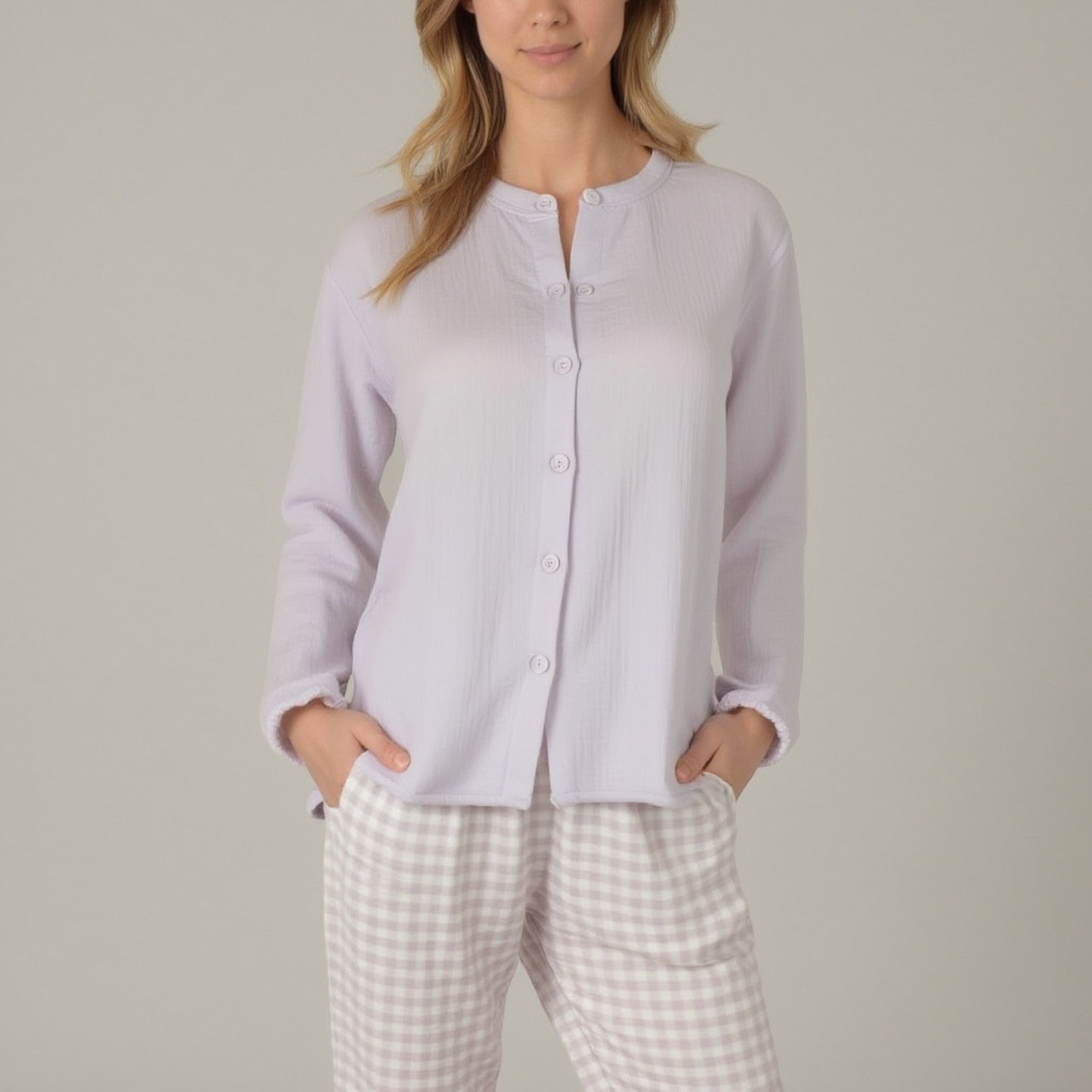 Anna-Kaci Women's Woven Pajama Set with Long Sleeve Button-Up Top Elastic Cuff Sleeves and Relaxed Gingham Print Lounge Pants