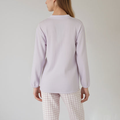 Anna-Kaci Women's Woven Pajama Set with Long Sleeve Button-Up Top Elastic Cuff Sleeves and Relaxed Gingham Print Lounge Pants