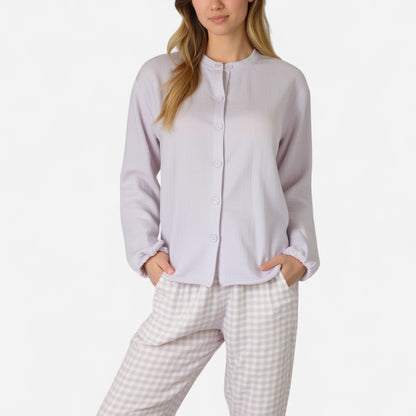 Anna-Kaci Women's Woven Pajama Set with Long Sleeve Button-Up Top Elastic Cuff Sleeves and Relaxed Gingham Print Lounge Pants