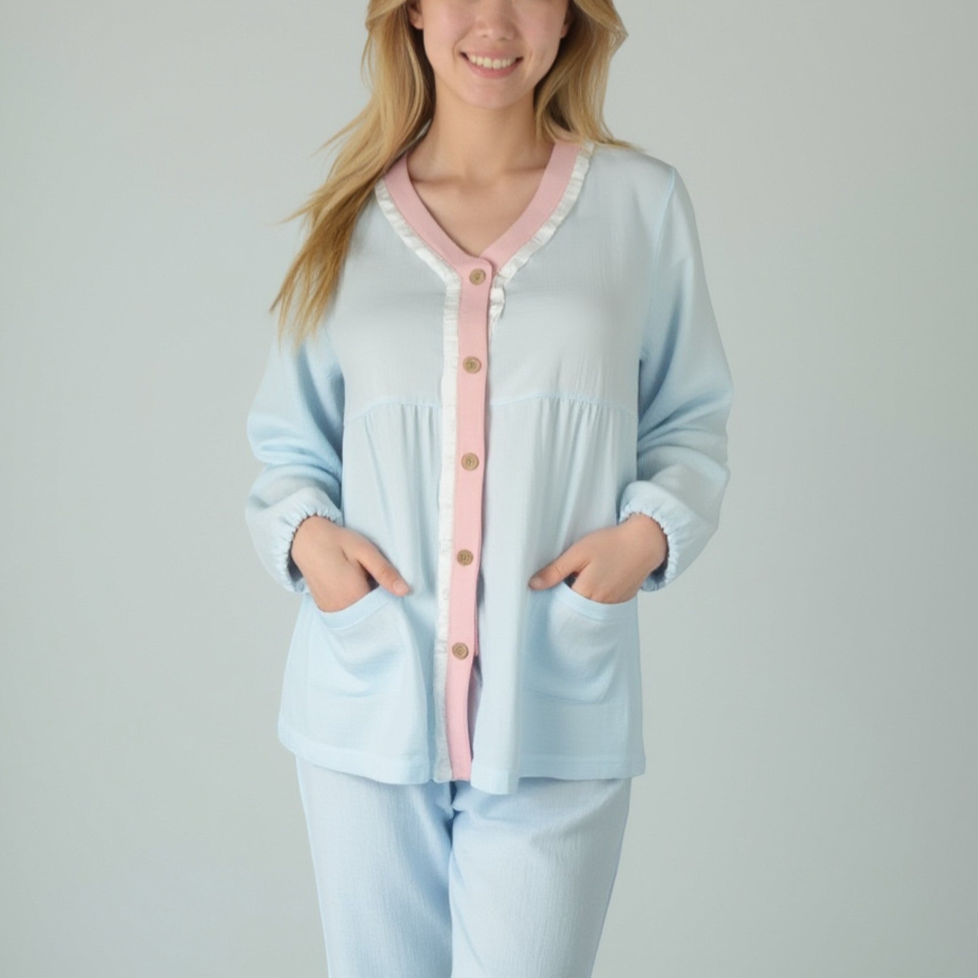 Anna-Kaci Lounge Women's Long Sleeve Button Up Pajama Set with Ruffle Trim and Front Patch Pockets