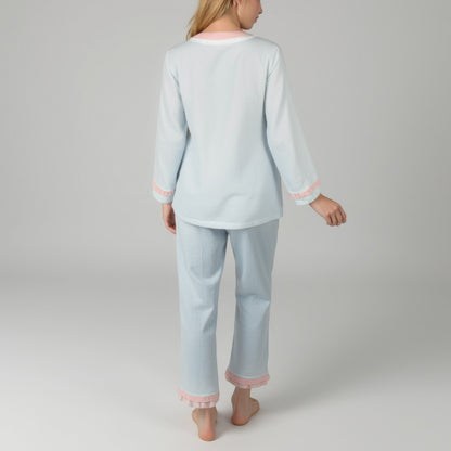 Anna-Kaci Lounge Women's Long Sleeve Button Up Pajama Set with Ruffle Trim and Front Patch Pockets