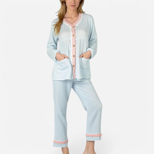 Anna-Kaci Lounge Women's Long Sleeve Button Up Pajama Set with Ruffle Trim and Front Patch Pockets