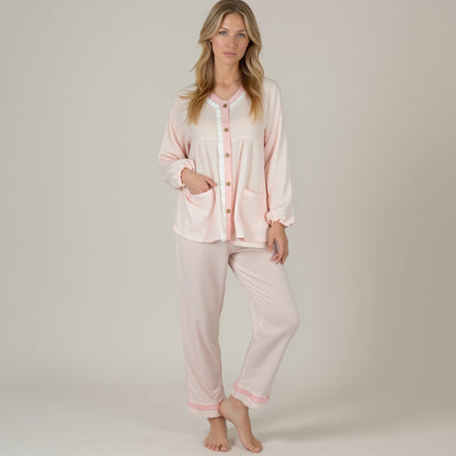 Anna-Kaci Lounge Women's Long Sleeve Button Up Pajama Set with Ruffle Trim and Front Patch Pockets