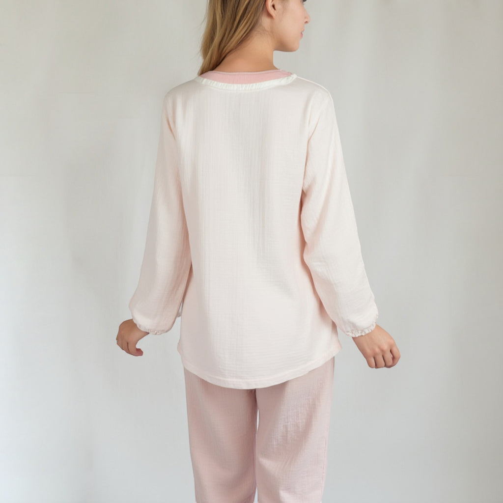 Anna-Kaci Lounge Women's Long Sleeve Button Up Pajama Set with Ruffle Trim and Front Patch Pockets