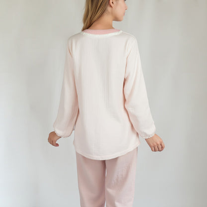 Anna-Kaci Lounge Women's Long Sleeve Button Up Pajama Set with Ruffle Trim and Front Patch Pockets