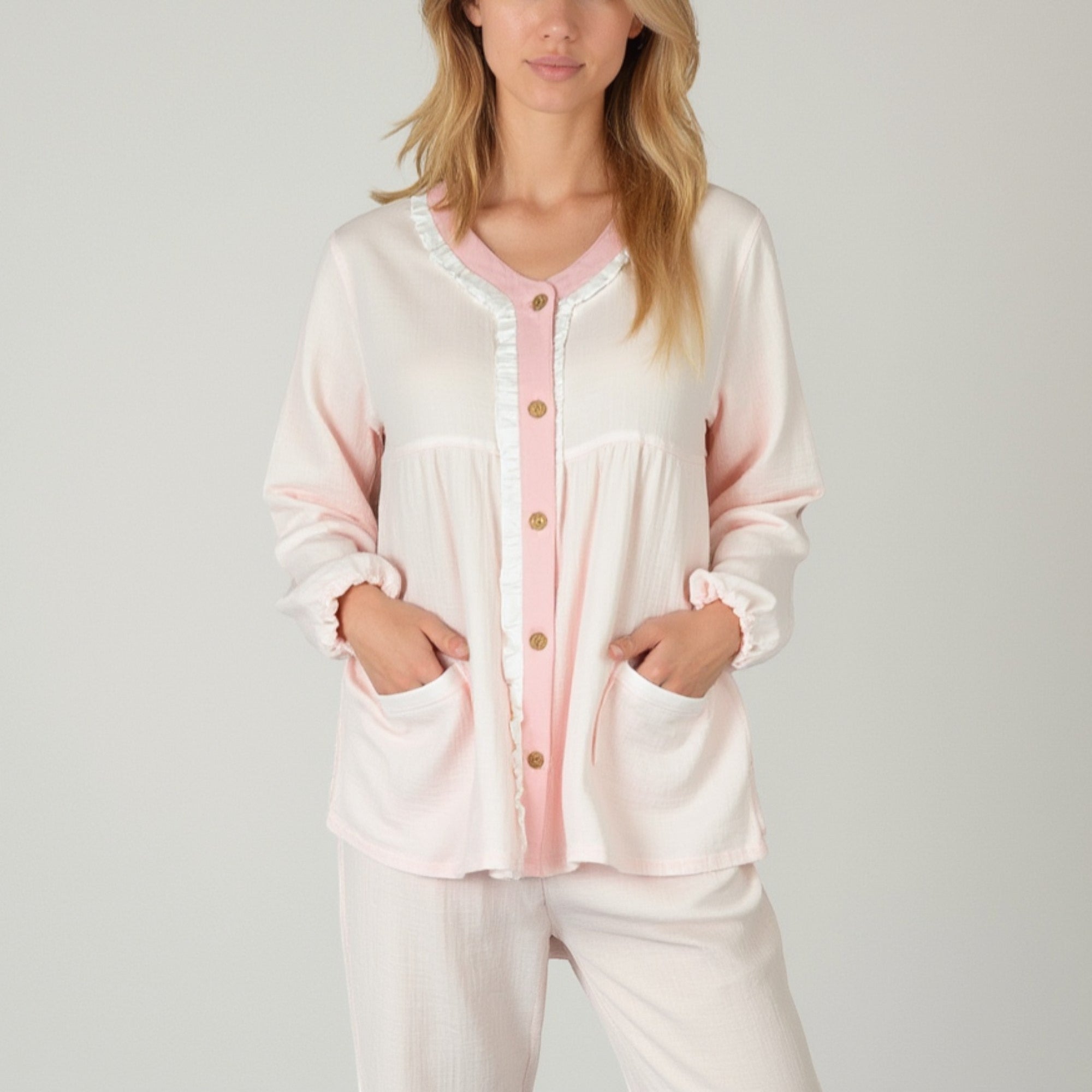 Anna-Kaci Lounge Women's Long Sleeve Button Up Pajama Set with Ruffle Trim and Front Patch Pockets