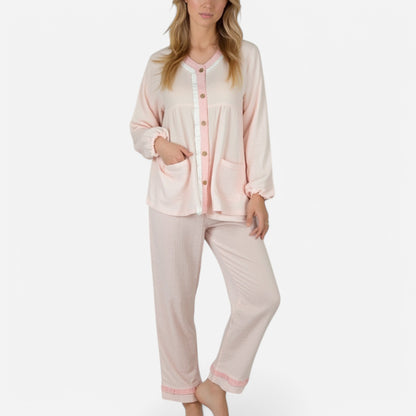 Anna-Kaci Lounge Women's Long Sleeve Button Up Pajama Set with Ruffle Trim and Front Patch Pockets