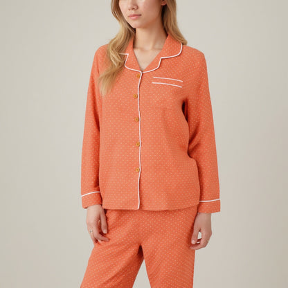 Anna-Kaci Women's Polka Dot Pajama Set with Long Sleeve Button-Up Top Contrast Piping and Relaxed Fit Matching Pants