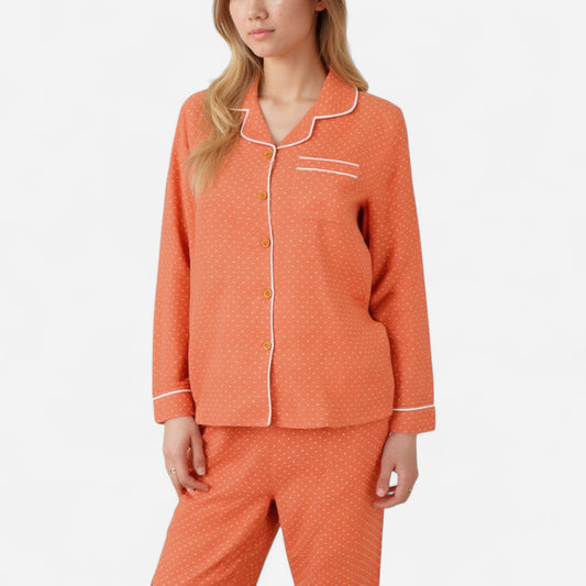 Anna-Kaci Women's Polka Dot Pajama Set with Long Sleeve Button-Up Top Contrast Piping and Relaxed Fit Matching Pants