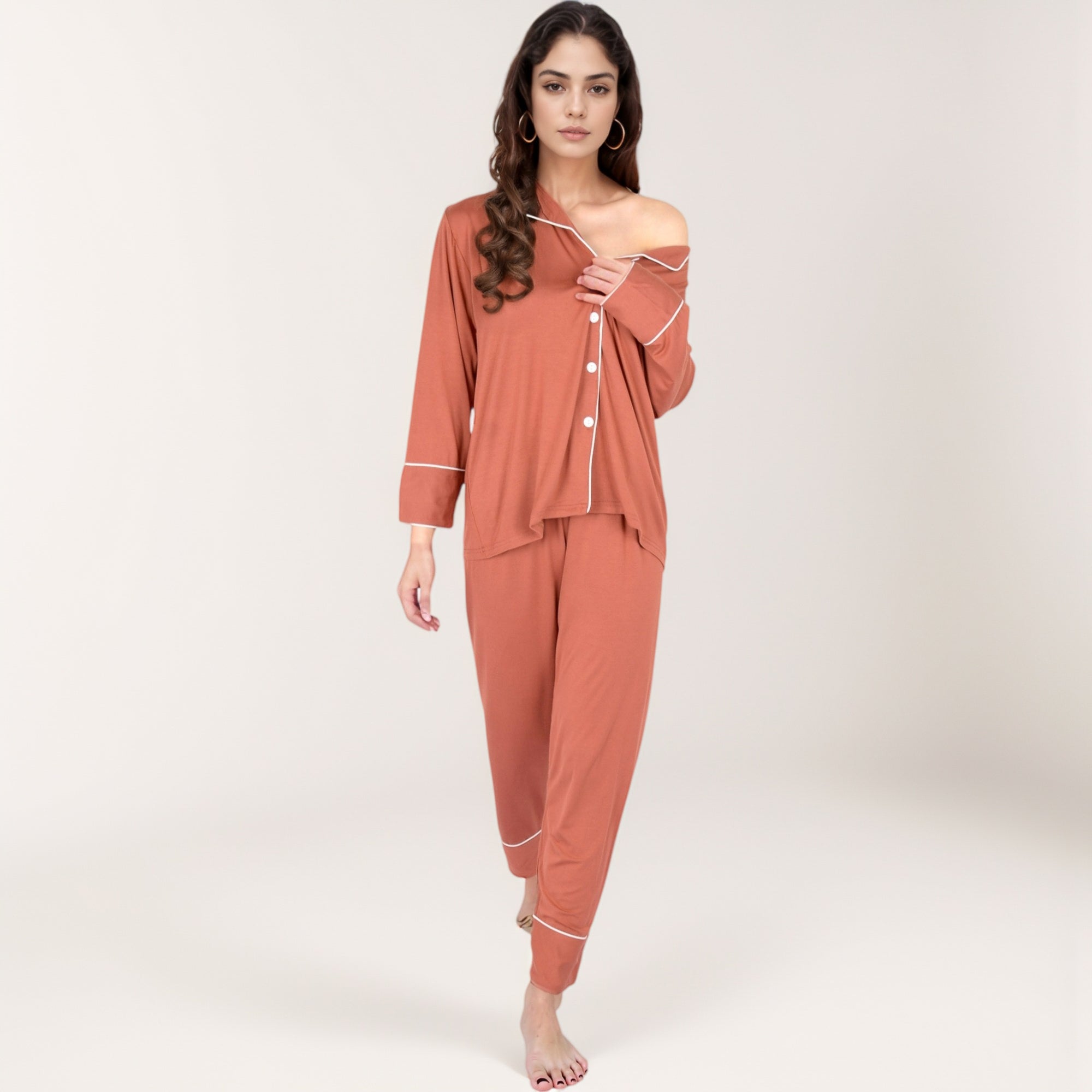 Anna-Kaci Lounge Women's Long Sleeve Button Front Pajama Set with Contrast Piping Trim