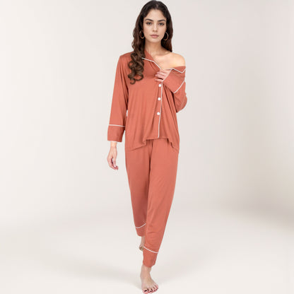 Anna-Kaci Lounge Women's Long Sleeve Button Front Pajama Set with Contrast Piping Trim