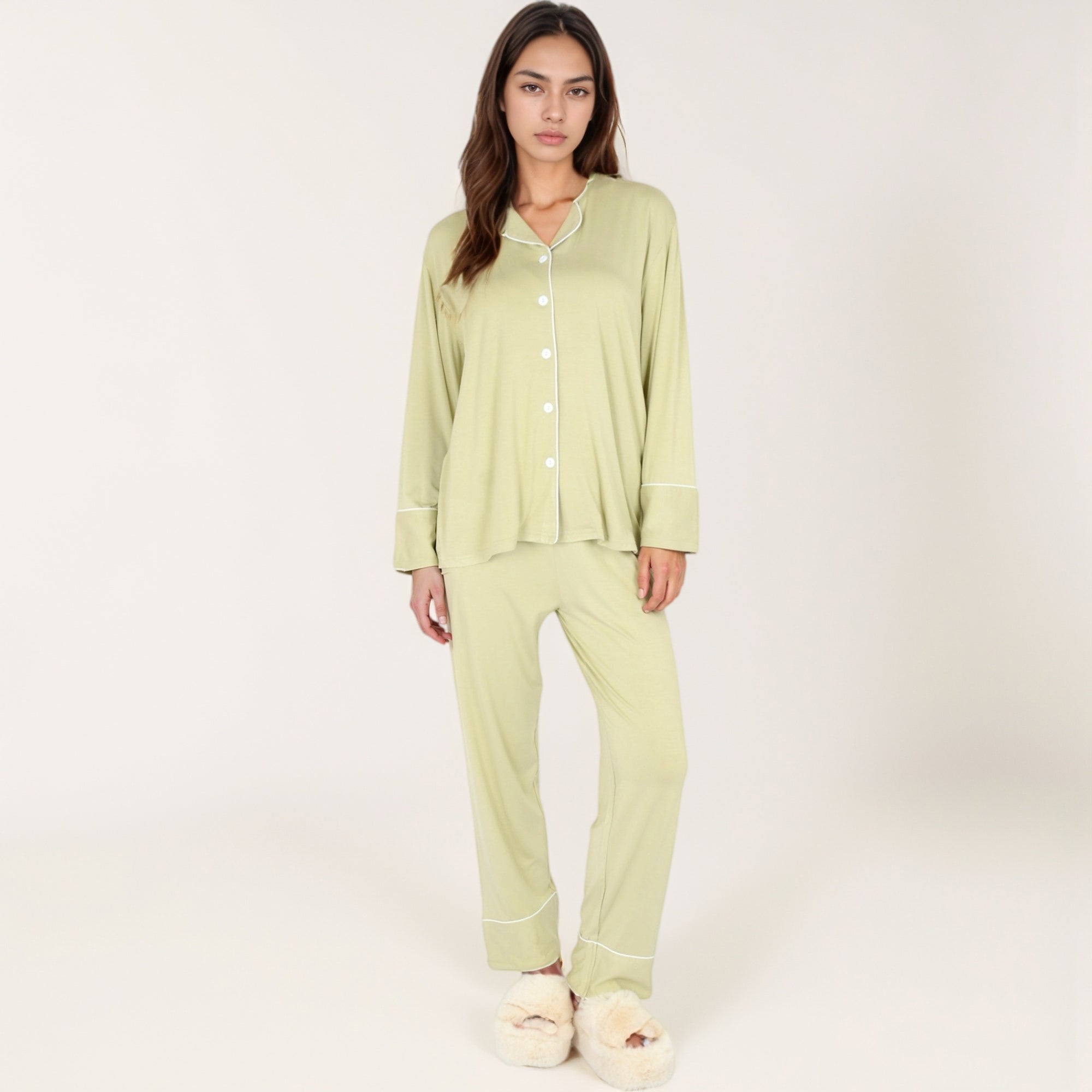 Anna-Kaci Lounge Women's Long Sleeve Button Front Pajama Set with Contrast Piping Trim