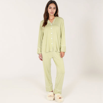 Anna-Kaci Lounge Women's Long Sleeve Button Front Pajama Set with Contrast Piping Trim
