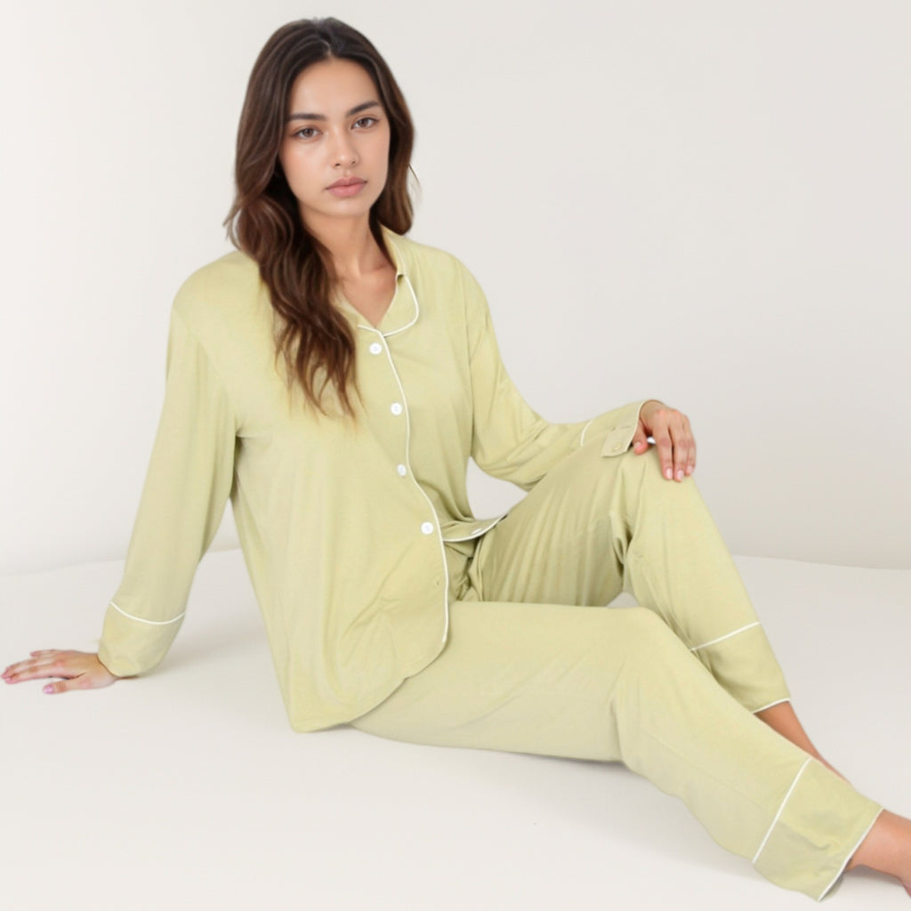Anna-Kaci Lounge Women's Long Sleeve Button Front Pajama Set with Contrast Piping Trim