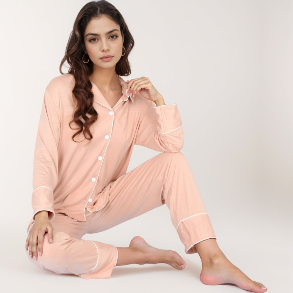 Anna-Kaci Lounge Women's Long Sleeve Button Front Pajama Set with Contrast Piping Trim