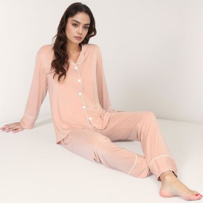 Anna-Kaci Lounge Women's Long Sleeve Button Front Pajama Set with Contrast Piping Trim