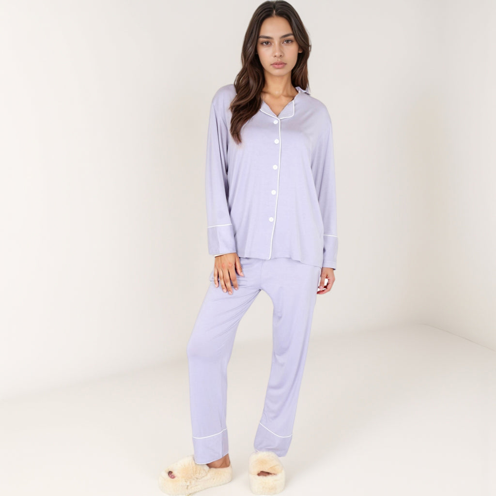 Anna-Kaci Lounge Women's Long Sleeve Button Front Pajama Set with Contrast Piping Trim