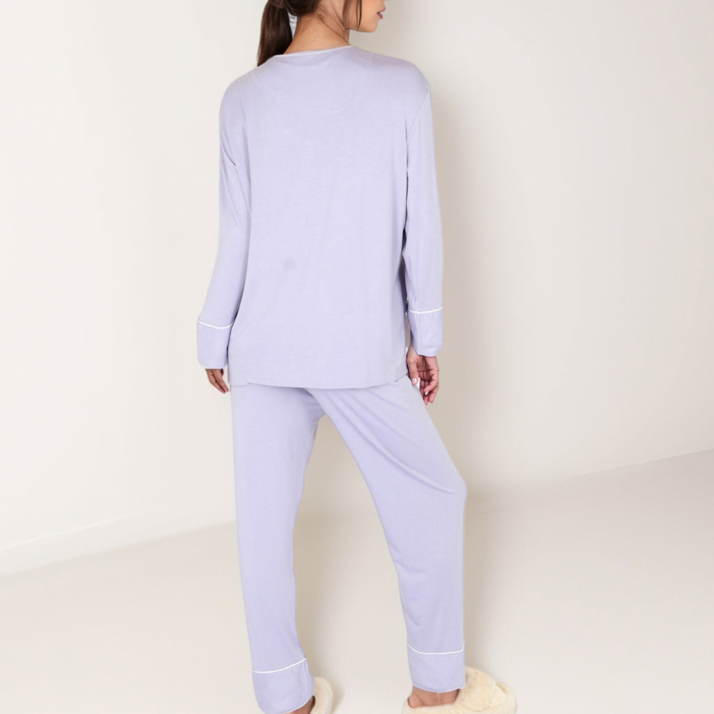 Anna-Kaci Lounge Women's Long Sleeve Button Front Pajama Set with Contrast Piping Trim