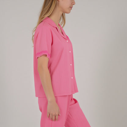 Anna-Kaci Women's Short Sleeve Pajama Set with Button-Up Top Lace Trim Sleeves Chest Pocket and Relaxed Fit Lounge Pants