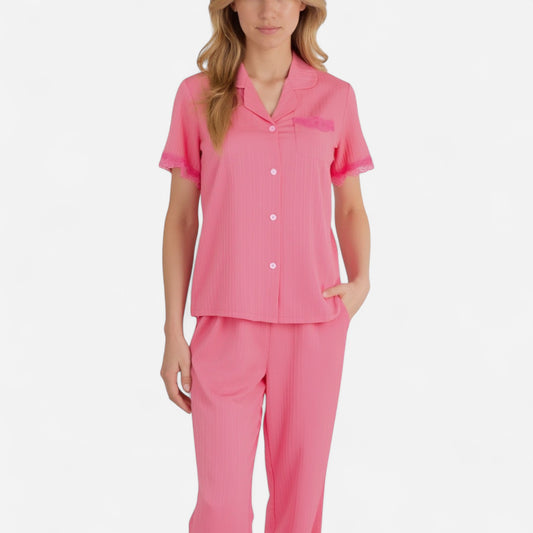 Anna-Kaci Women's Short Sleeve Pajama Set with Button-Up Top Lace Trim Sleeves Chest Pocket and Relaxed Fit Lounge Pants
