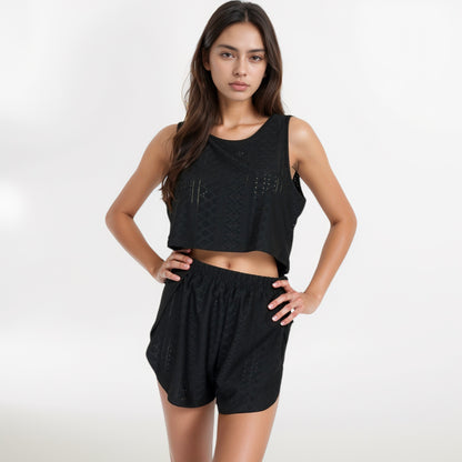 Anna-Kaci Women's Eyelet Tank and Lounge Shorts Set with Elastic Waist and Relaxed Cropped Fit