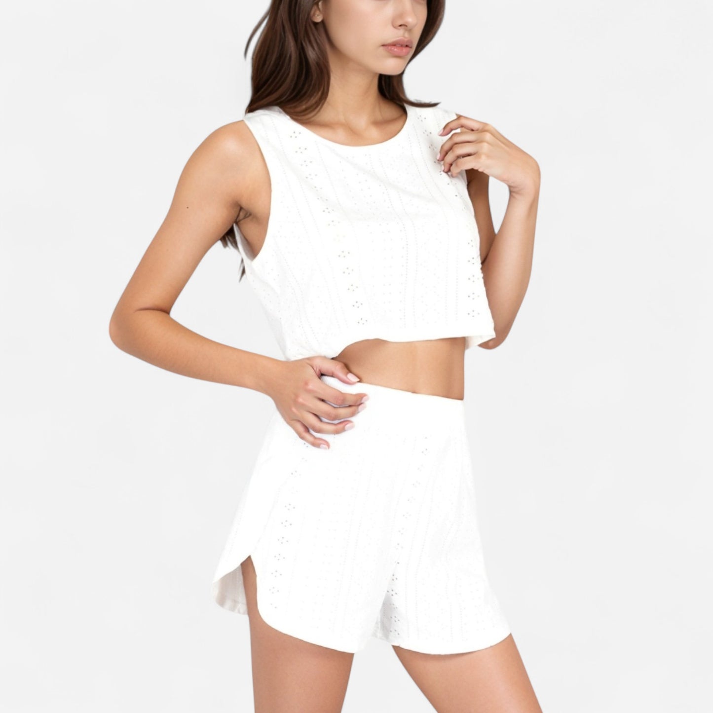 Anna-Kaci Women's Eyelet Tank and Lounge Shorts Set with Elastic Waist and Relaxed Cropped Fit
