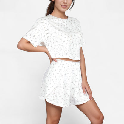 Anna-Kaci Women's Eyelet Pajama Set with Cropped Short Sleeve Top Embroidered Heart Detail and Elastic Waist Lounge Shorts