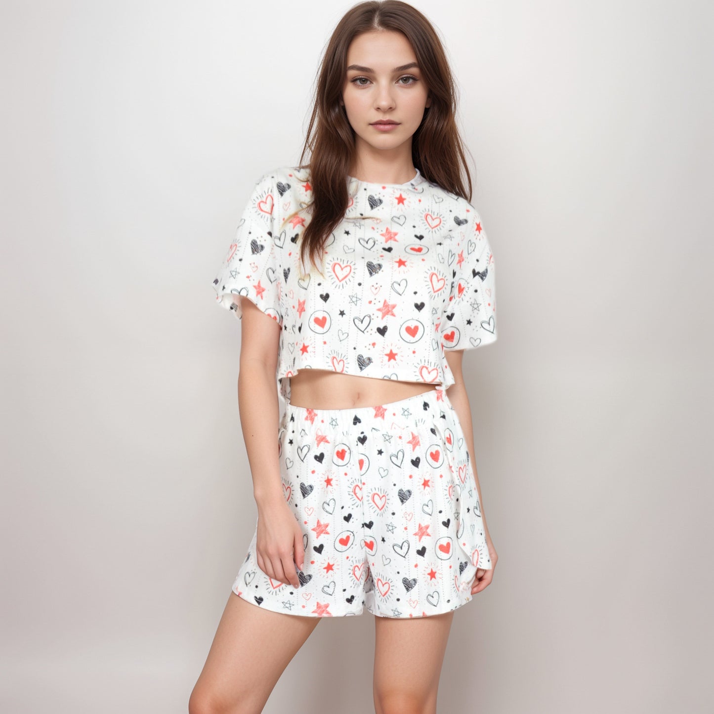 Anna-Kaci Women's Eyelet Pajama Set with Cropped Short Sleeve Top Embroidered Heart Detail and Elastic Waist Lounge Shorts