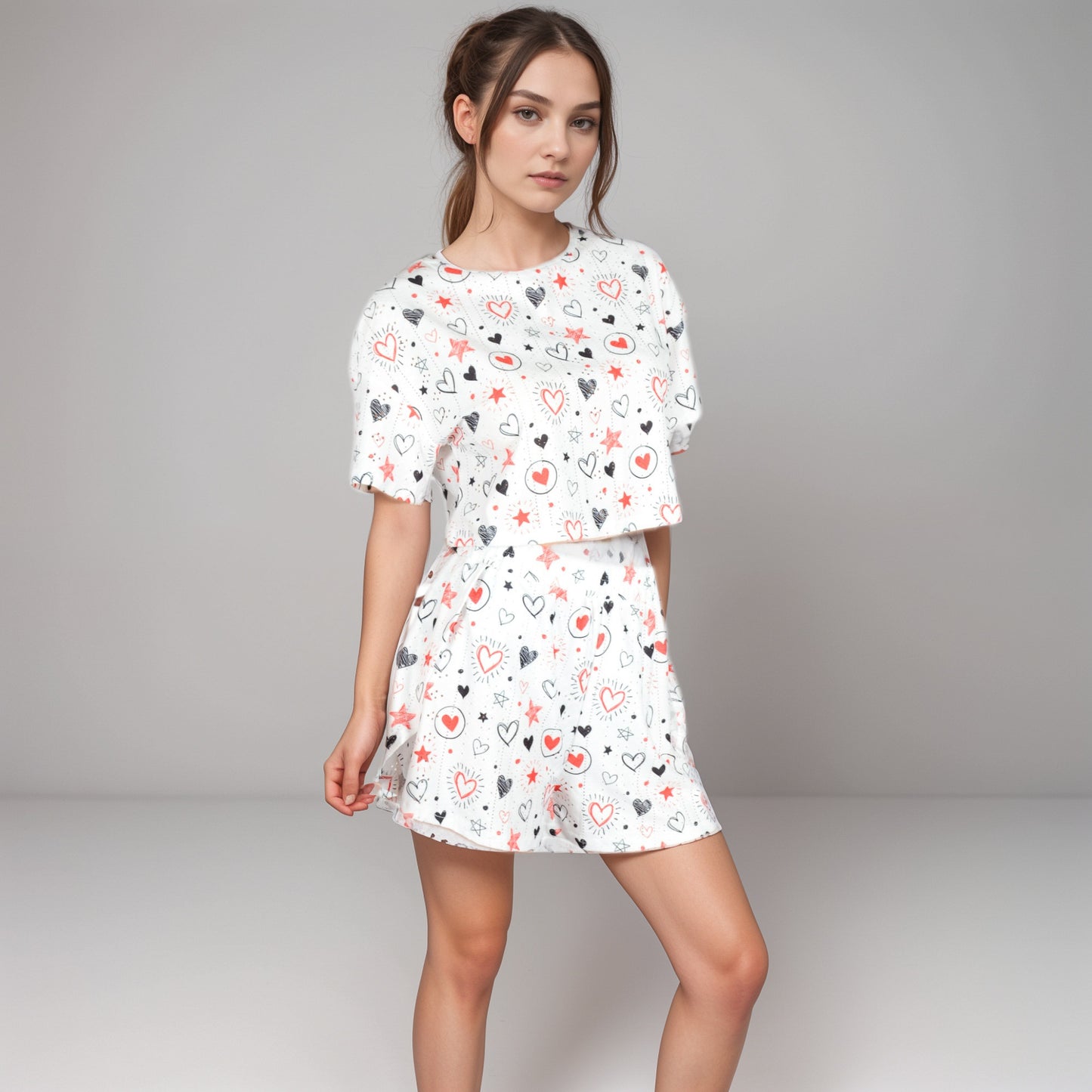 Anna-Kaci Women's Eyelet Pajama Set with Cropped Short Sleeve Top Embroidered Heart Detail and Elastic Waist Lounge Shorts