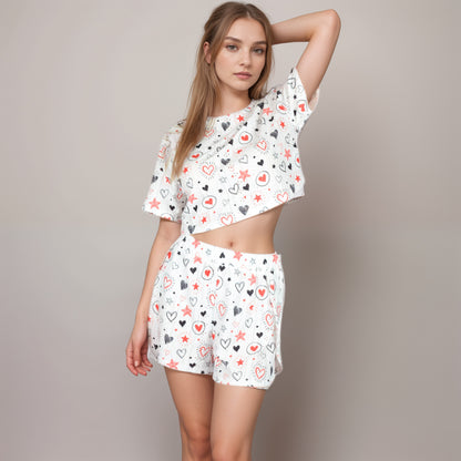 Anna-Kaci Women's Eyelet Pajama Set with Cropped Short Sleeve Top Embroidered Heart Detail and Elastic Waist Lounge Shorts