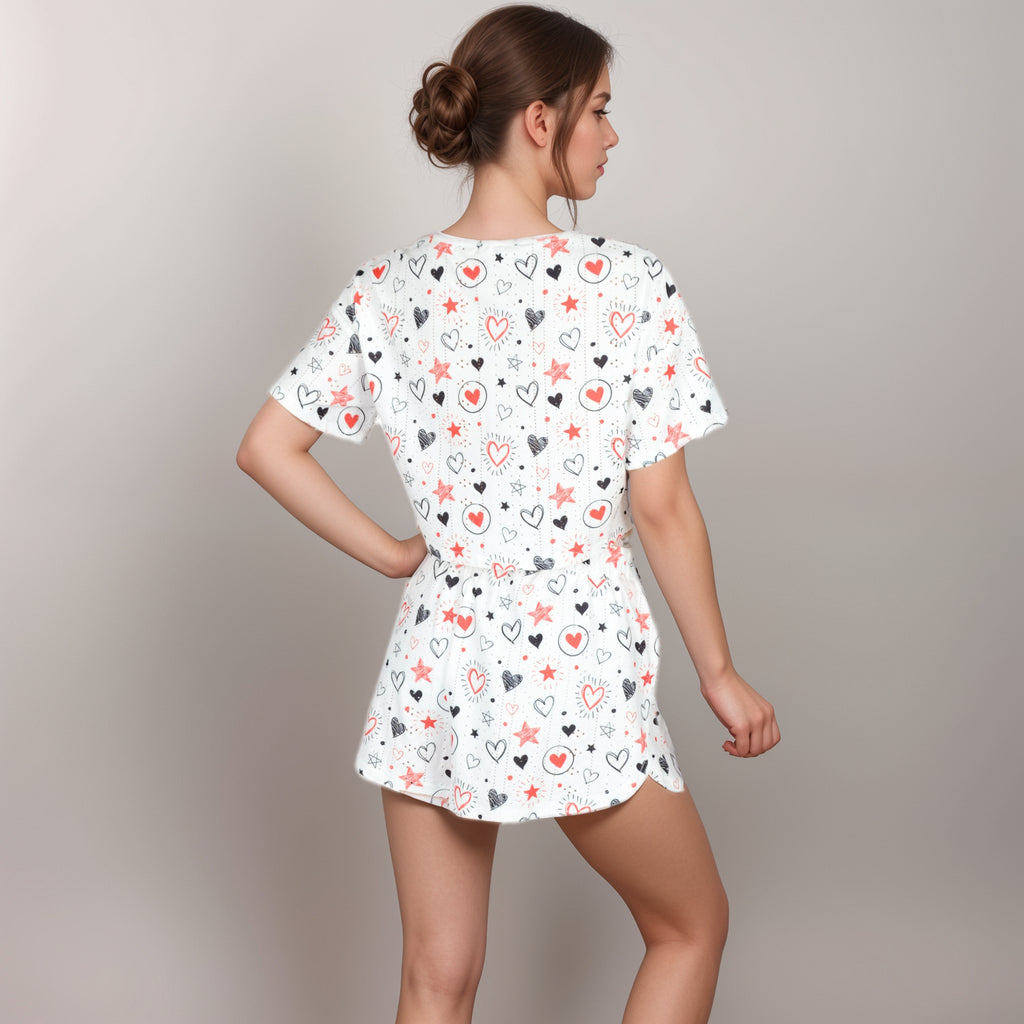 Anna-Kaci Women's Eyelet Pajama Set with Cropped Short Sleeve Top Embroidered Heart Detail and Elastic Waist Lounge Shorts