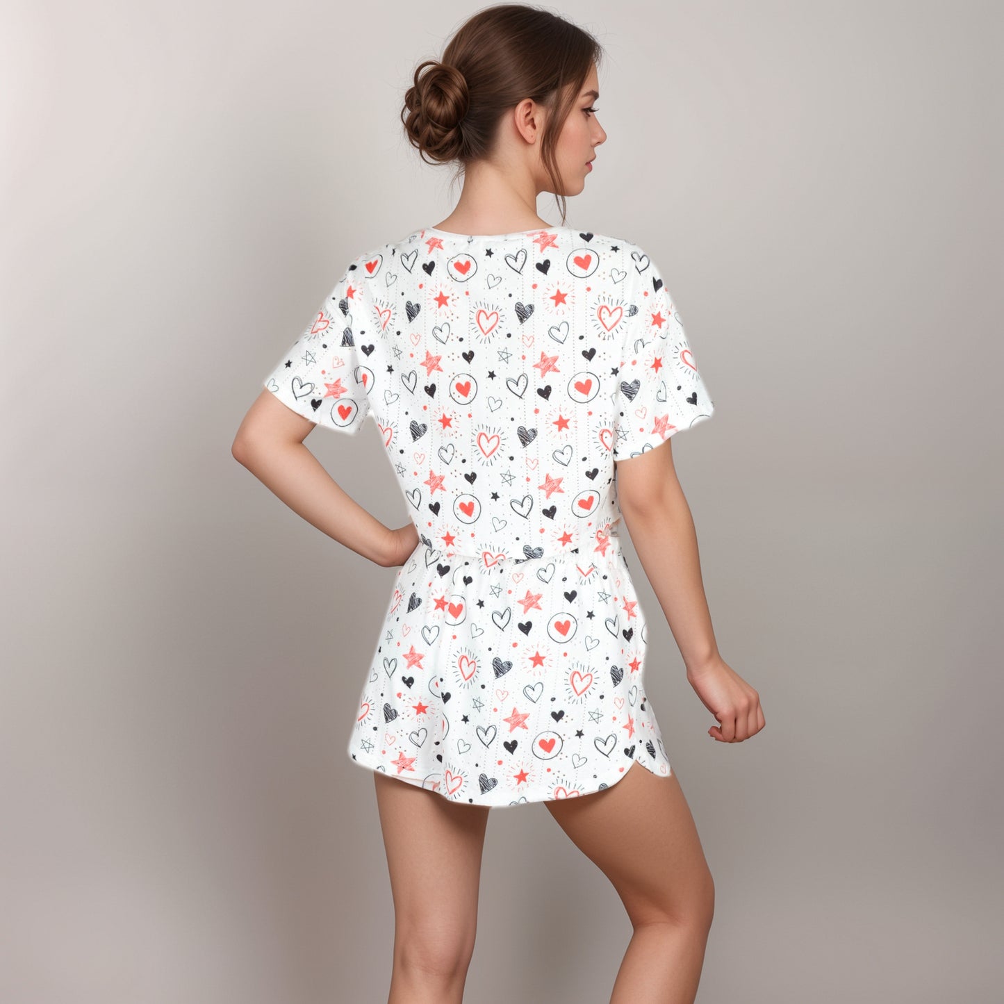 Anna-Kaci Women's Eyelet Pajama Set with Cropped Short Sleeve Top Embroidered Heart Detail and Elastic Waist Lounge Shorts