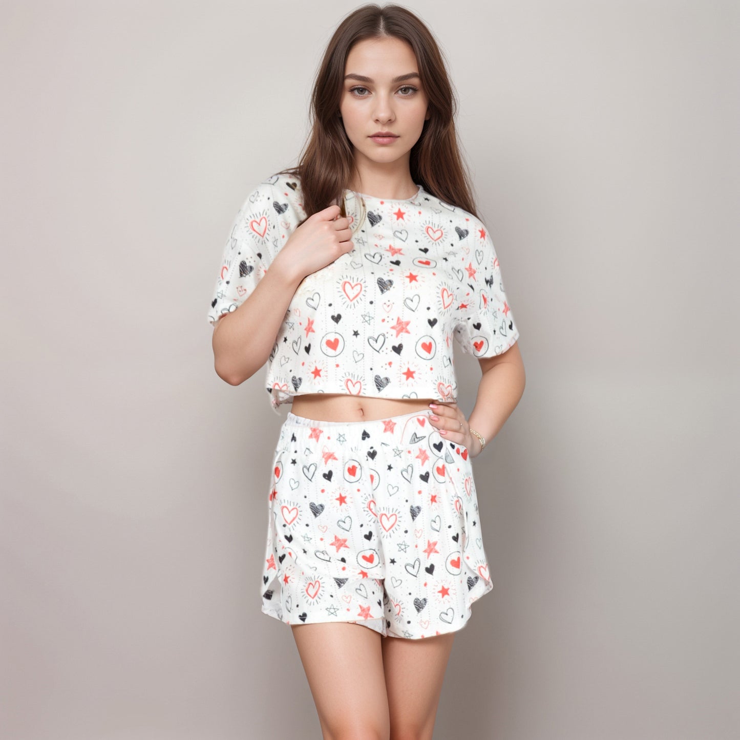 Anna-Kaci Women's Eyelet Pajama Set with Cropped Short Sleeve Top Embroidered Heart Detail and Elastic Waist Lounge Shorts