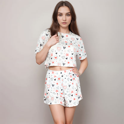 Anna-Kaci Women's Eyelet Pajama Set with Cropped Short Sleeve Top Embroidered Heart Detail and Elastic Waist Lounge Shorts