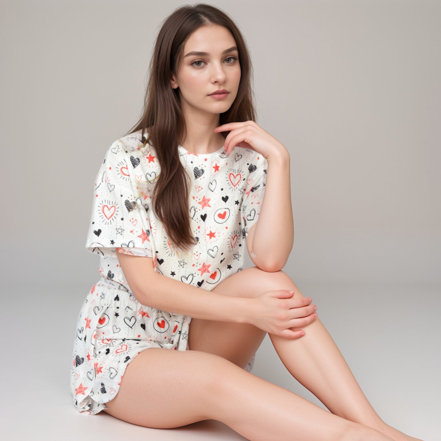 Anna-Kaci Women's Eyelet Pajama Set with Cropped Short Sleeve Top Embroidered Heart Detail and Elastic Waist Lounge Shorts