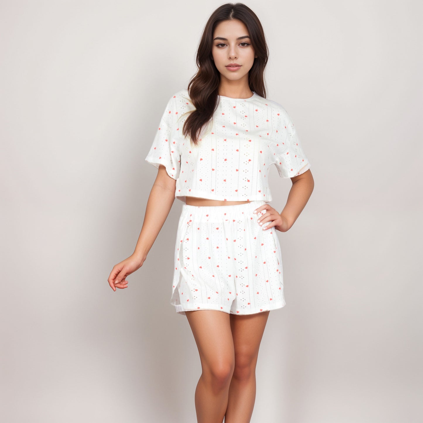 Anna-Kaci Women's Eyelet Pajama Set with Cropped Short Sleeve Top Embroidered Heart Detail and Elastic Waist Lounge Shorts
