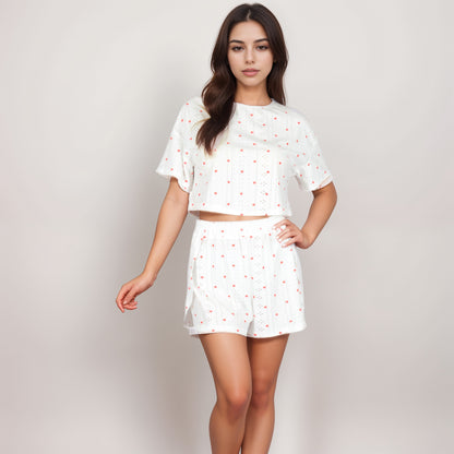 Anna-Kaci Women's Eyelet Pajama Set with Cropped Short Sleeve Top Embroidered Heart Detail and Elastic Waist Lounge Shorts