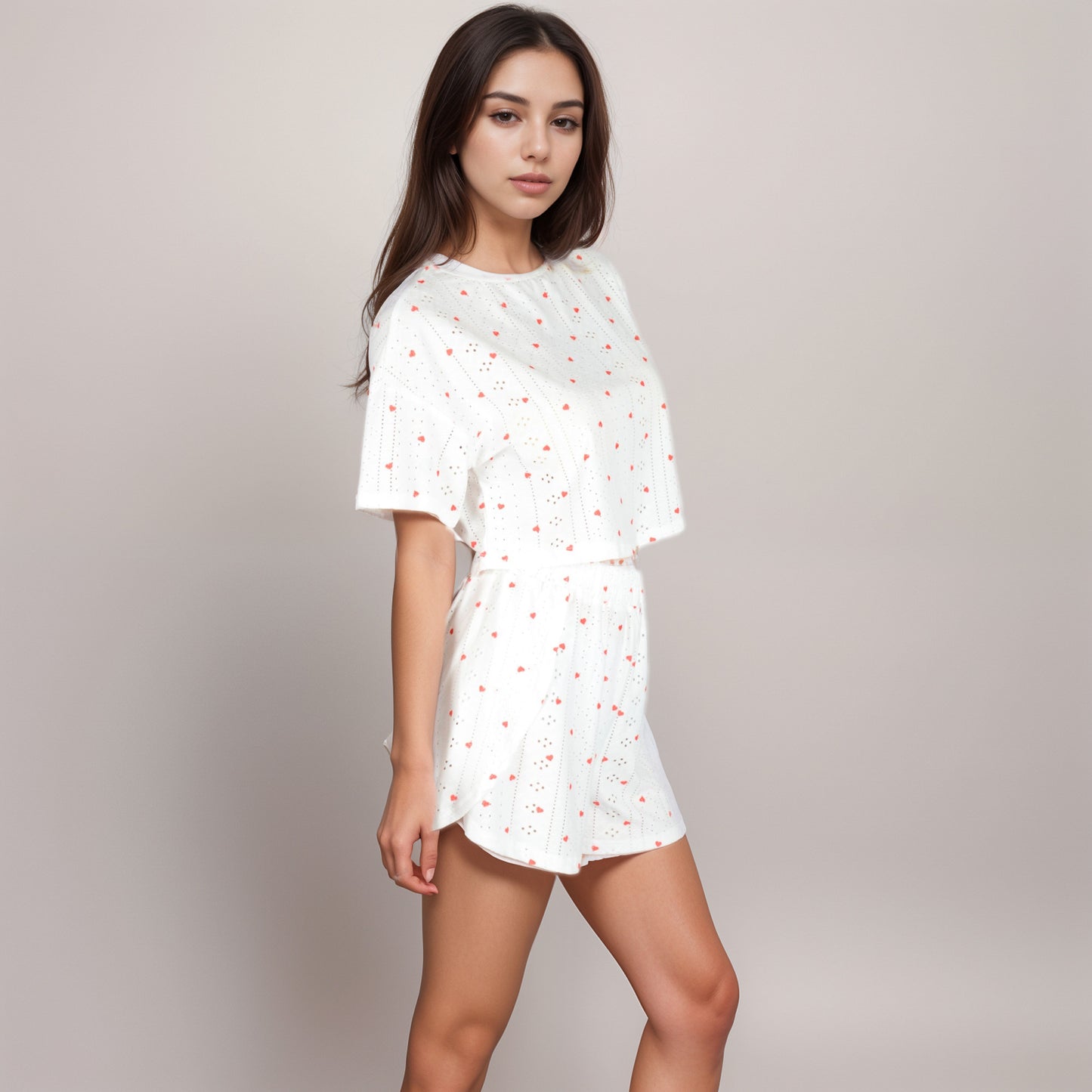 Anna-Kaci Women's Eyelet Pajama Set with Cropped Short Sleeve Top Embroidered Heart Detail and Elastic Waist Lounge Shorts