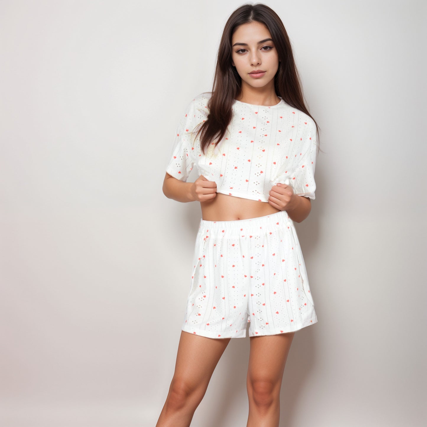 Anna-Kaci Women's Eyelet Pajama Set with Cropped Short Sleeve Top Embroidered Heart Detail and Elastic Waist Lounge Shorts